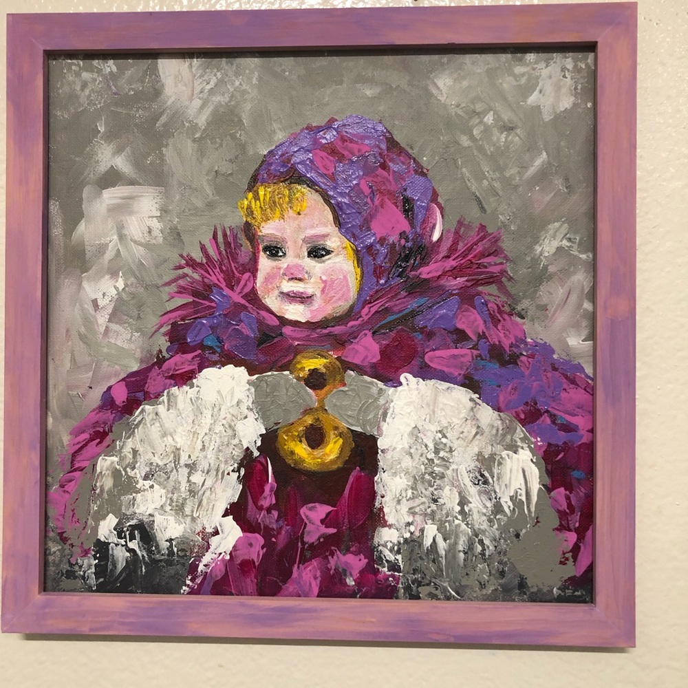 NEW Girl Acrylic Painting with wood  frame by me Size 12x12 inches